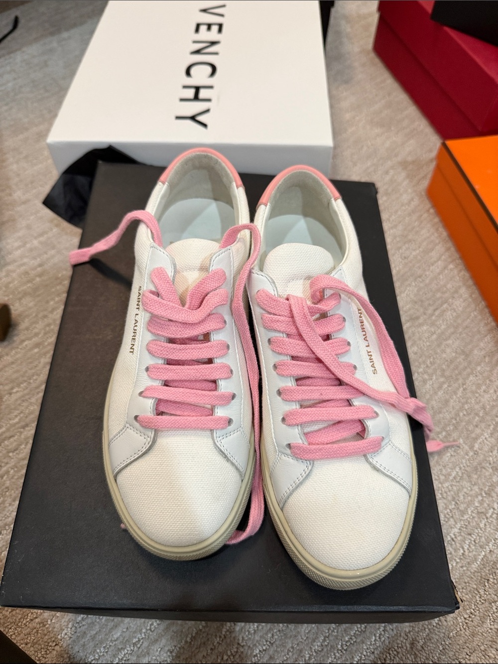 Saint Laurent White Canvas Sneakers with Pink Accents